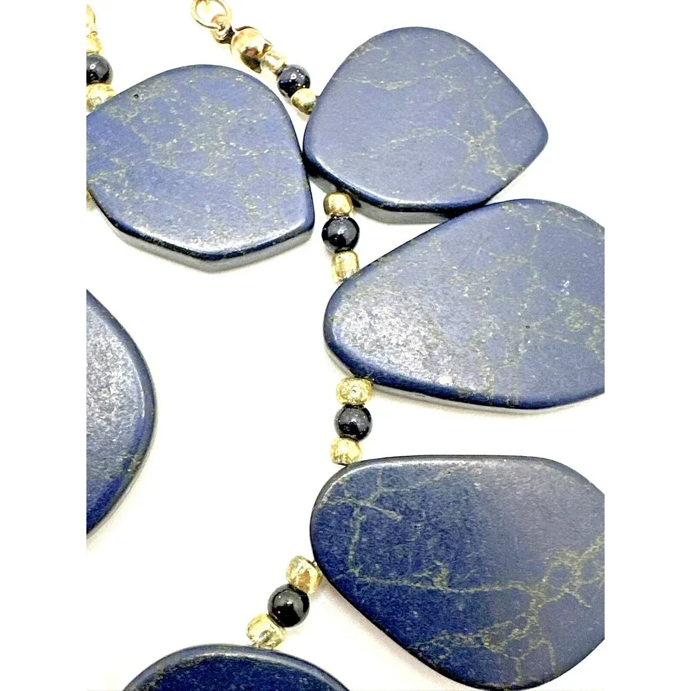 Vintage Blue Dragon Vein Bib Necklace Gold Tone Double Chain Statement 18